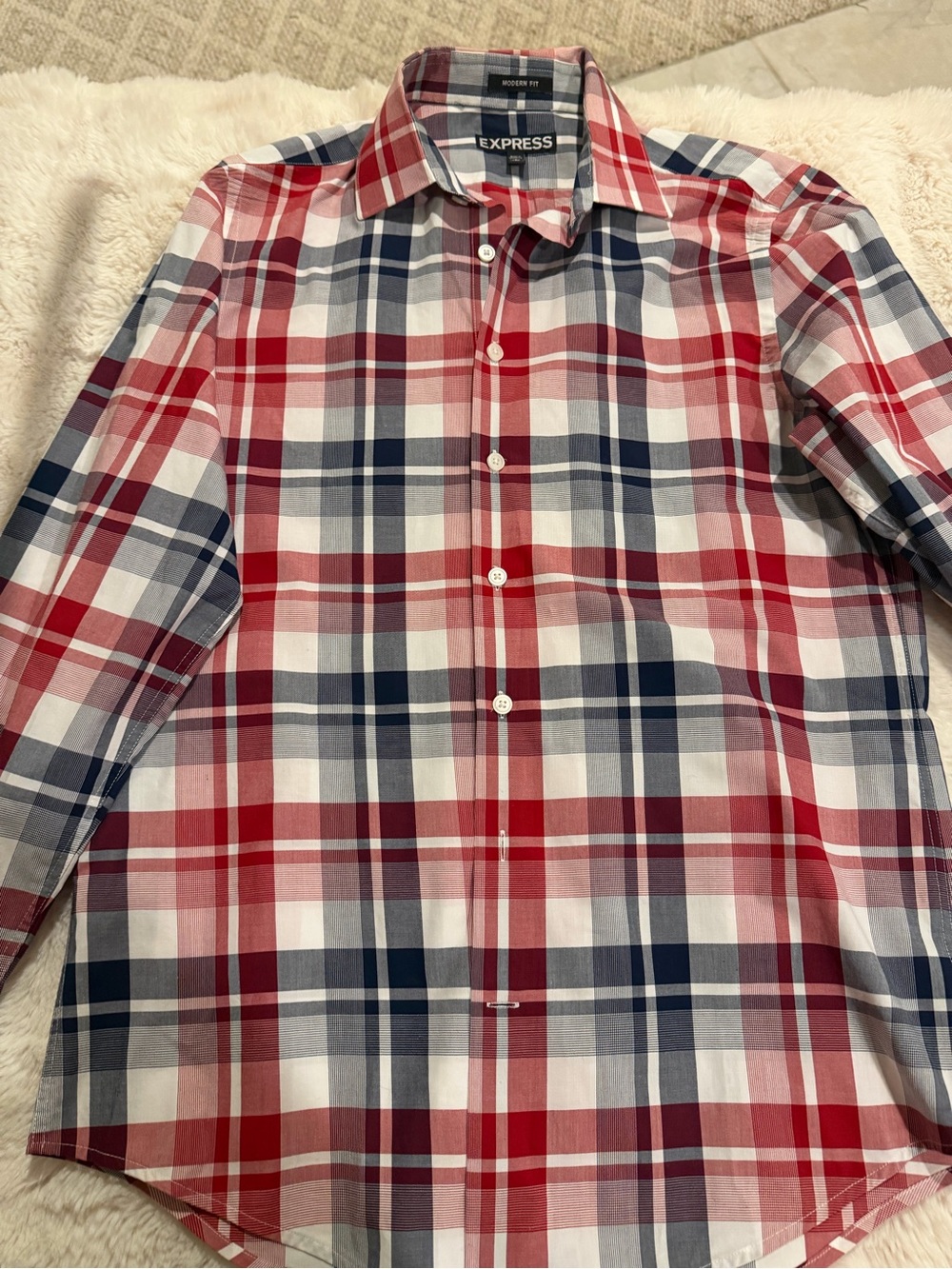 Express Men's Red, Navy & White Plaid Button-Down Shirt